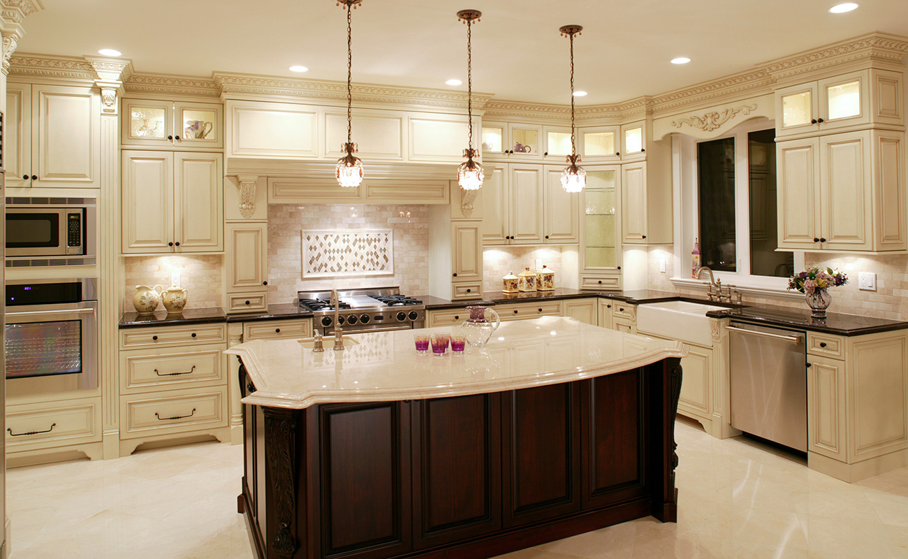 A luxury kitchen with lights and wall decoration