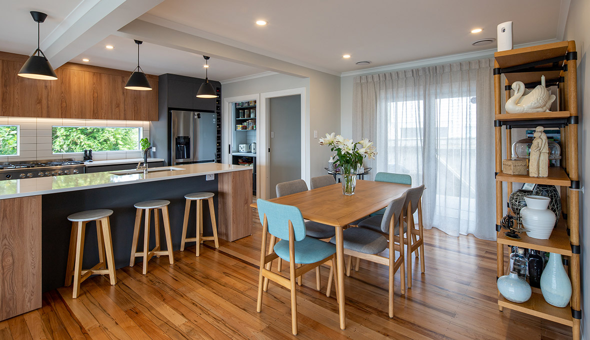 kitchen and dining room Interior with timber elements