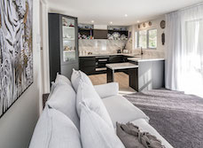 kitchen and dining room Interior with timber elements