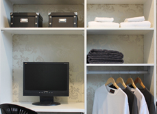 Home Office with desk and shelving unit