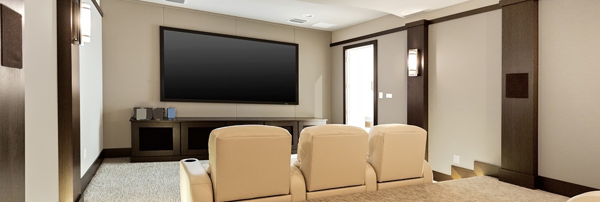 Media room with plasma tv and two rows of cinema-like seating