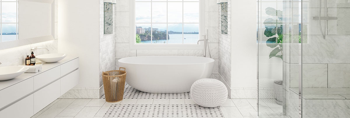 a new completed bathroom based on the design from our Refresh Renovation Consultant in Sugar Land, Houston with marble tiles and a tiled shower