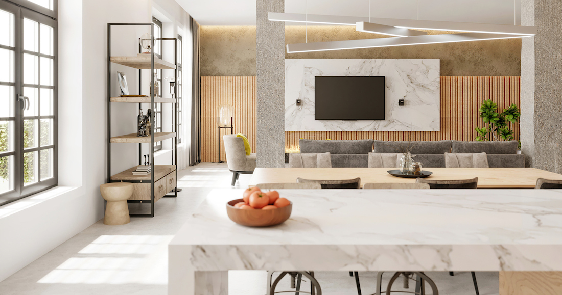 An example of a newly remodeled home to give inspiration for a dining, seating, and living area feel.