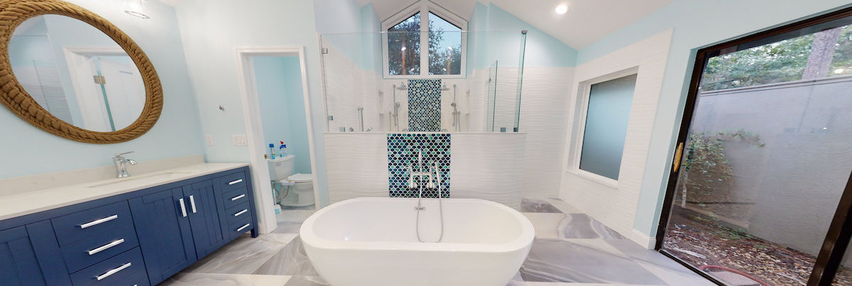 Blue tiled bathroom