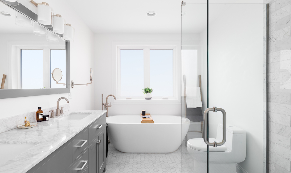 A bathroom with luxury marble bench and tiled floors