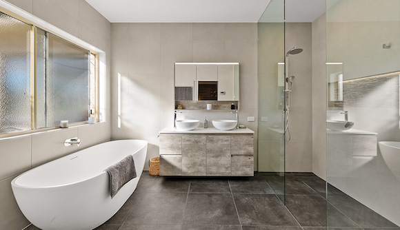 Large bathroom remodel with freestanding bathtub and walk in shower