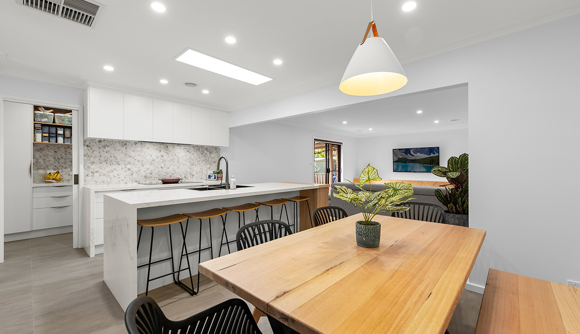 Kitchen remodelled with marble backsplash