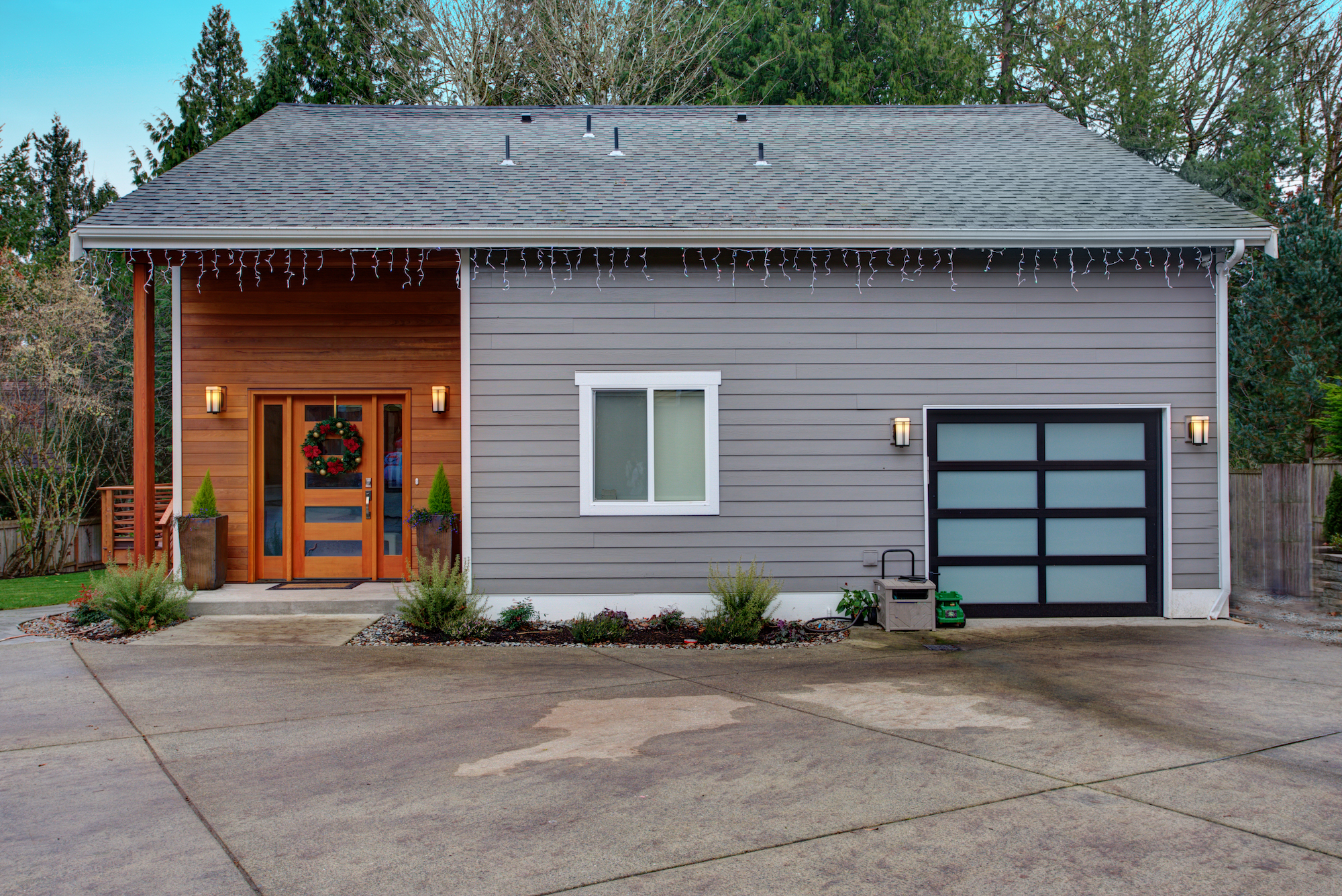 Mini grey house with timber accents