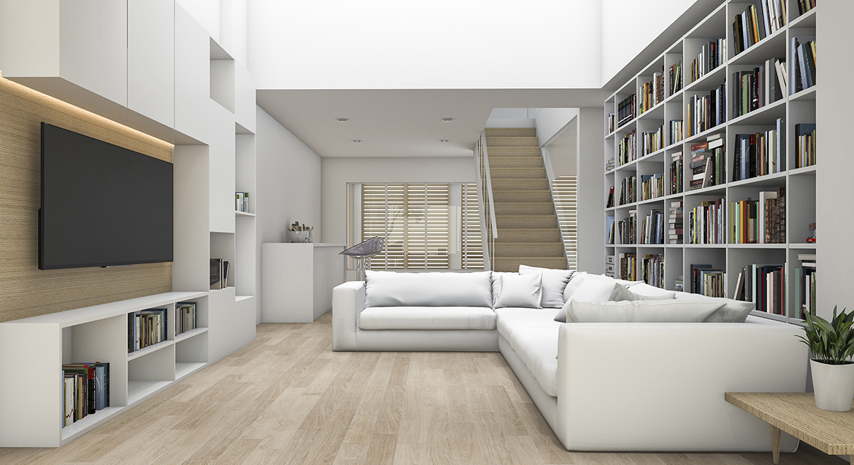 Living Room Remodeling in League City with Wall-Attached Bookshelf 