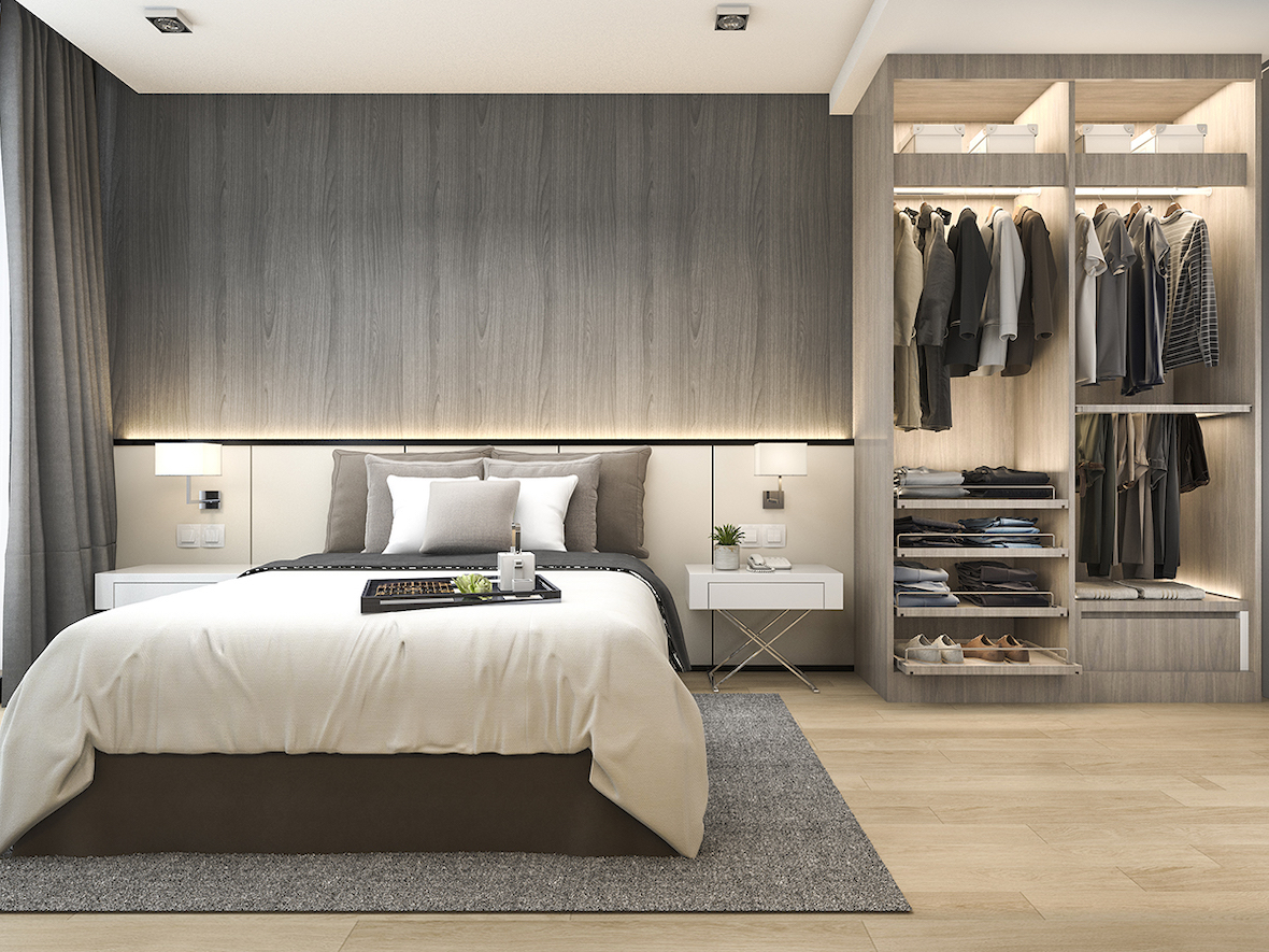 Bedroom remodeling with wood wardrobe and wall lights
