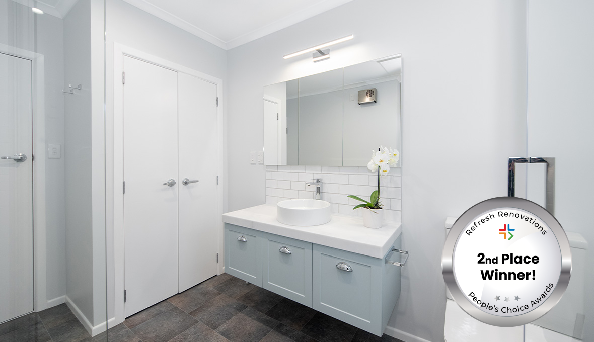 Blue vanity cabinets with indented drawers 