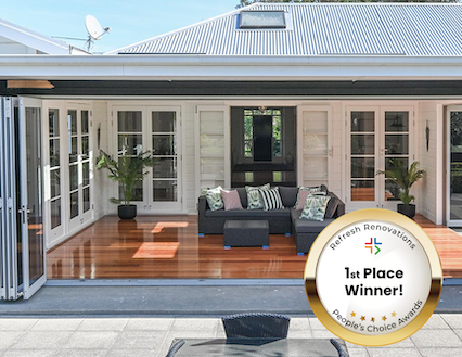 Indoor-outdoor flow with gold badge in the bottom right corner