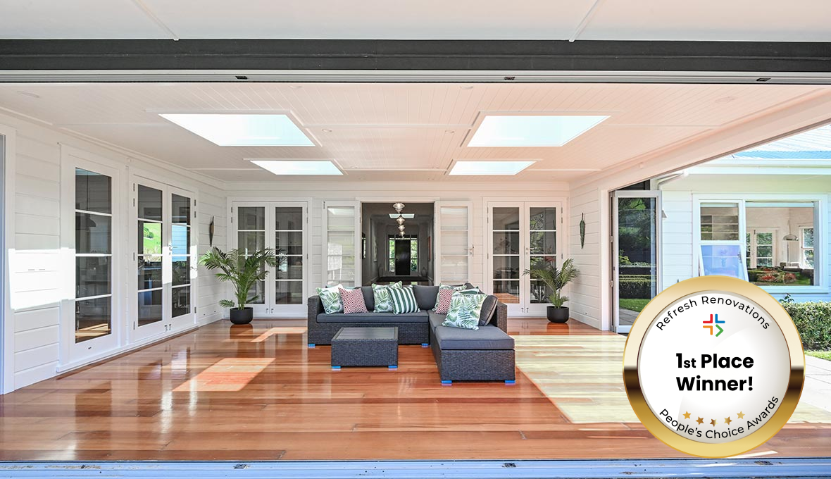 Outside entertainment area with gold badge on top