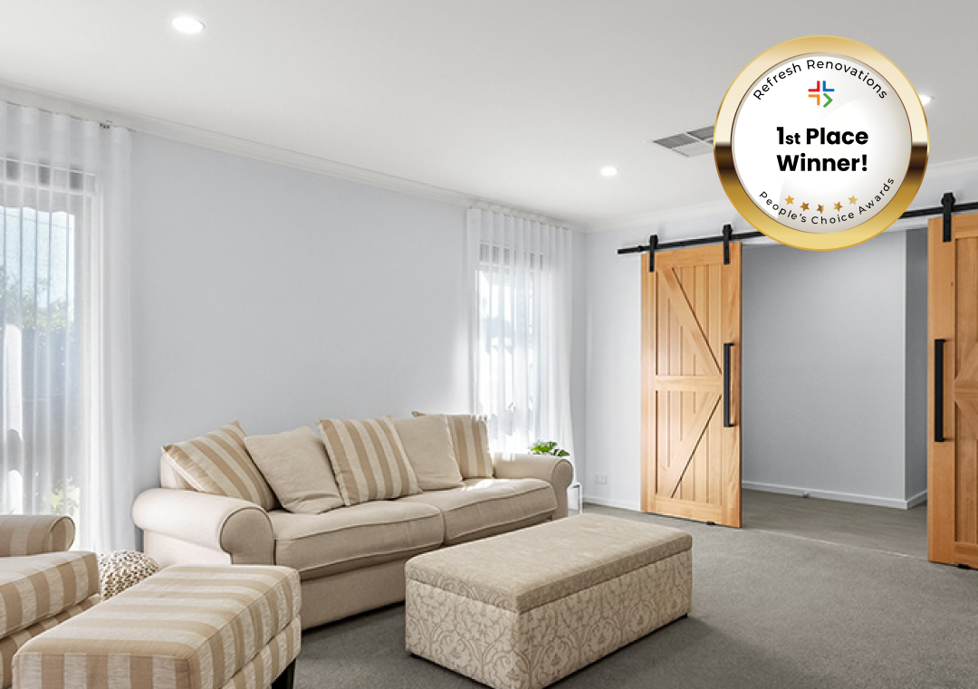 Living room with new carpet and sliding barn style door